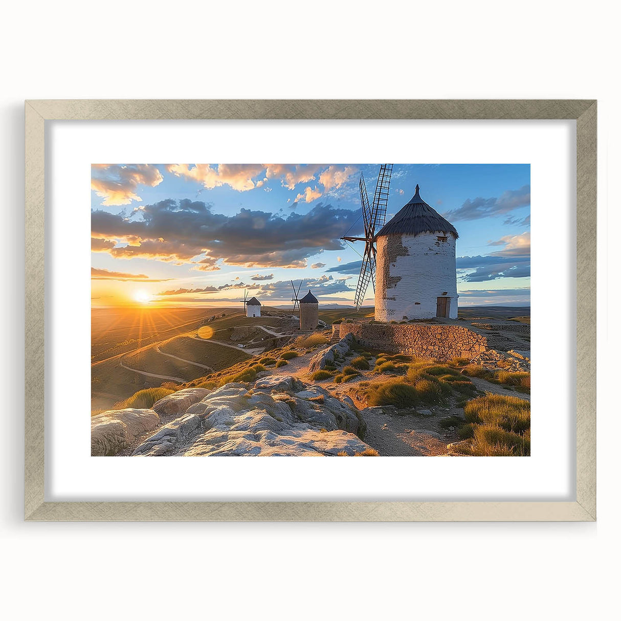 Elegant silver-framed landscape wall art collection featuring windmills, showcasing intricate details and vibrant colors, perfect for modern home decor.