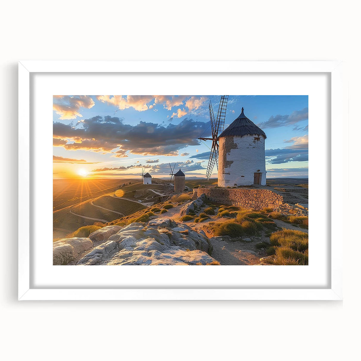 Framed wall art collection showcasing a serene landscape with windmills, featuring a white mat and frame, ideal for enhancing home decor.