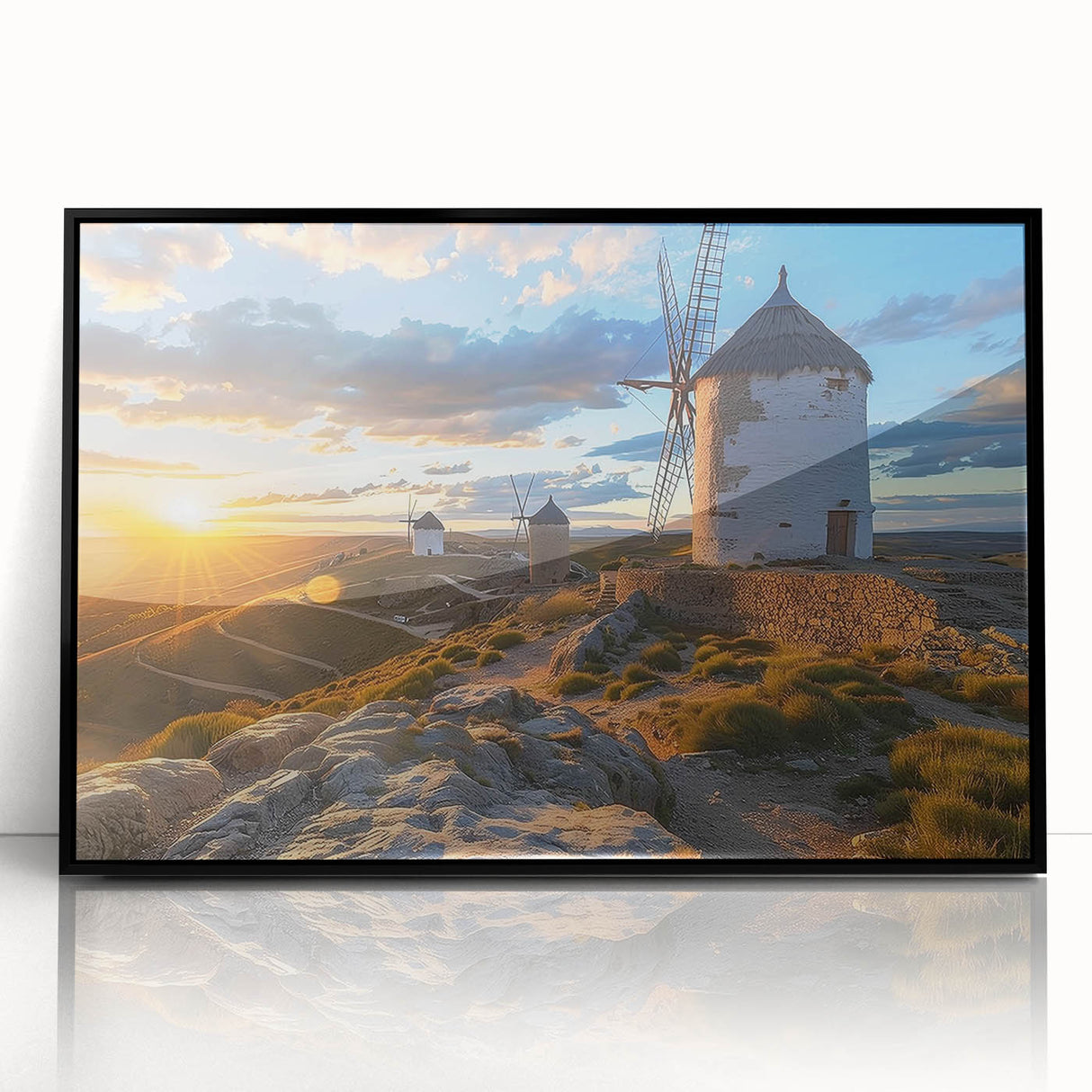 Framed acrylic wall art showcasing a stunning landscape with windmills, featuring a black frame and sleek design, perfect for modern home decor.