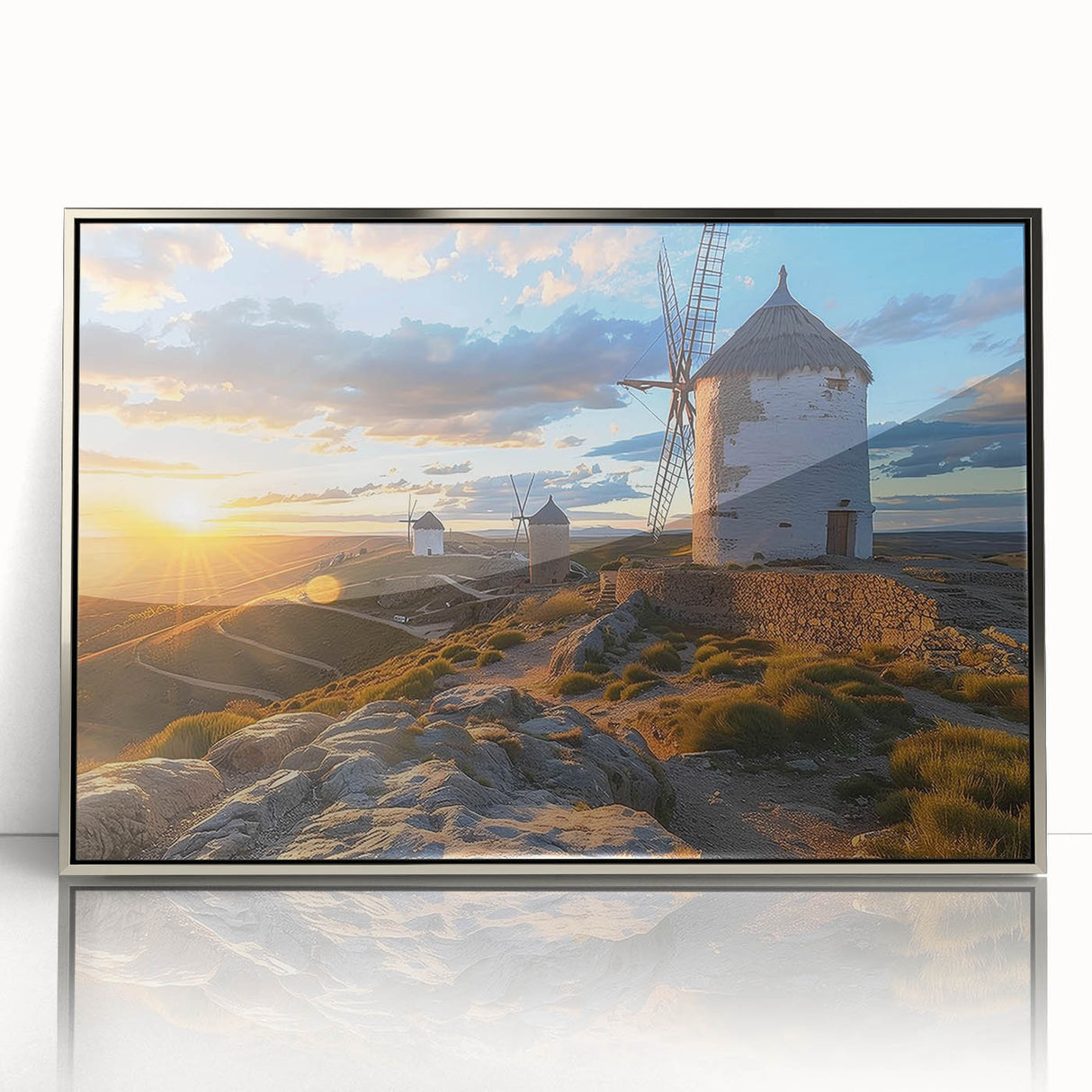 Framed wall art collection featuring a serene landscape with windmills, designed with a modern silver frame, perfect for enhancing home decor in any room.