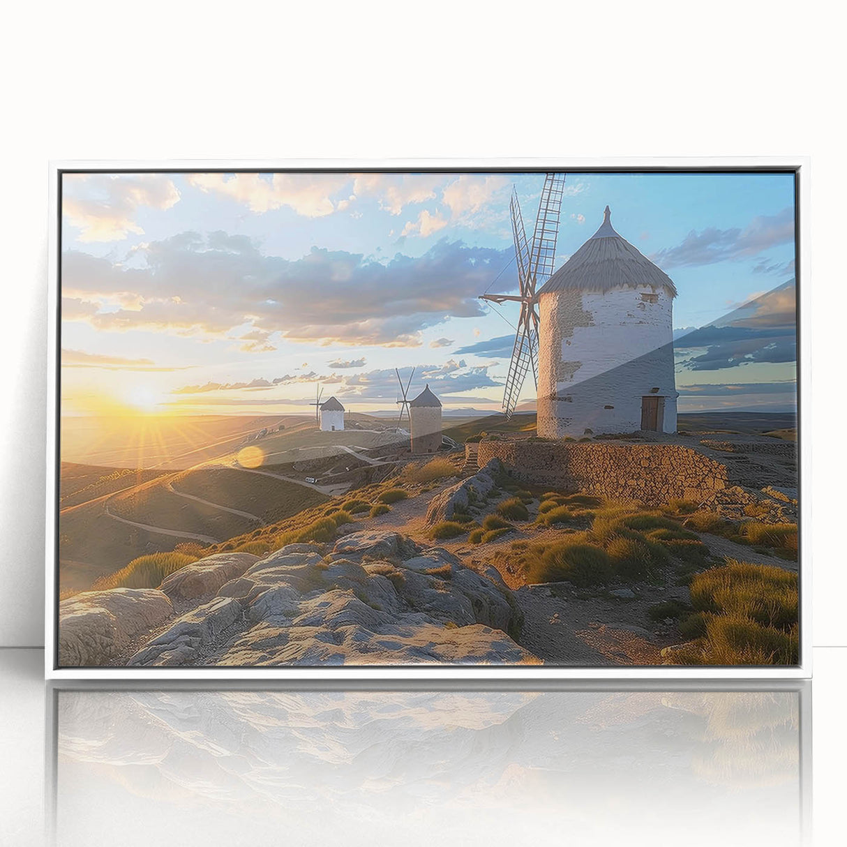 Framed wall art collection showcasing serene landscapes with windmills, featuring a white frame and acrylic front for a modern touch, ideal for home decor.