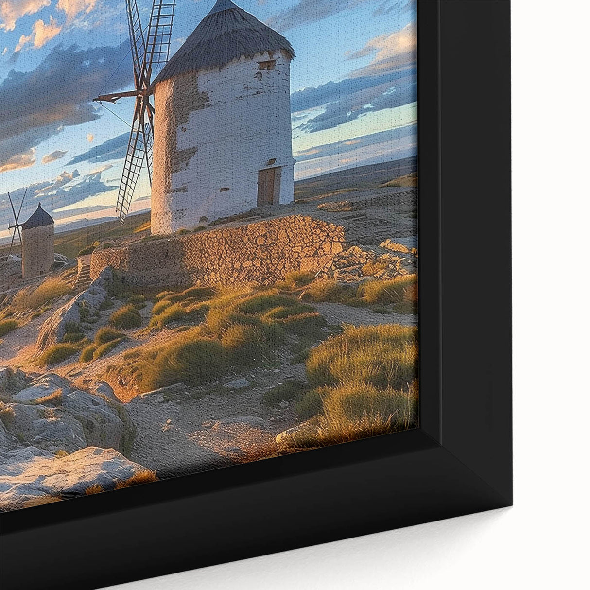 Framed wall art collection showcasing a close-up of vibrant landscapes with windmills, featuring detailed brushwork and rich colors, ideal for home decor.