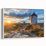 Framed canvas wall art showcasing a serene landscape with windmills, featuring a white frame and a side view perspective, perfect for home decor.