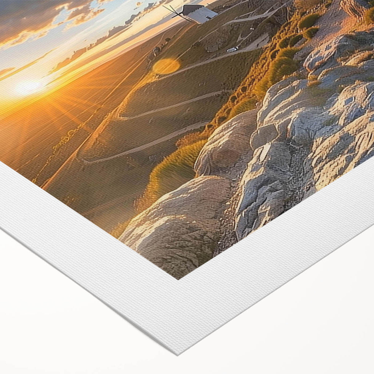 Rolled canvas artwork showcasing a vibrant landscape with windmills under a blue sky, ideal for home decor and art enthusiasts, packaged securely for delivery.