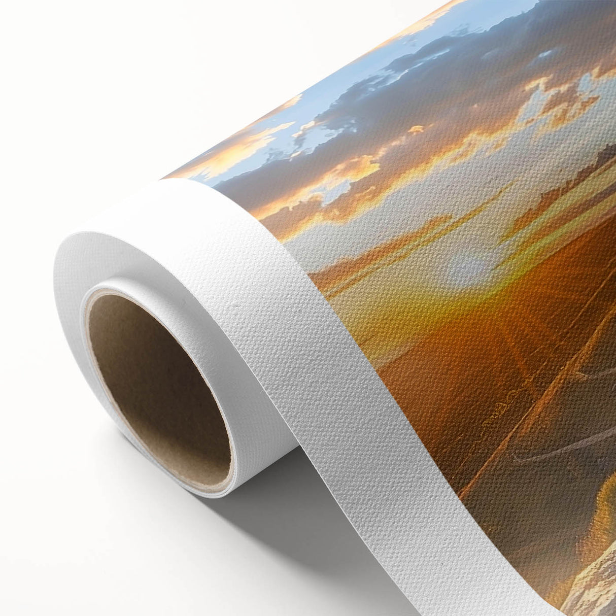Rolled canvas artwork showcasing a serene landscape with windmills against a vibrant sunset, perfect for home decor. Features rich colors and intricate details.