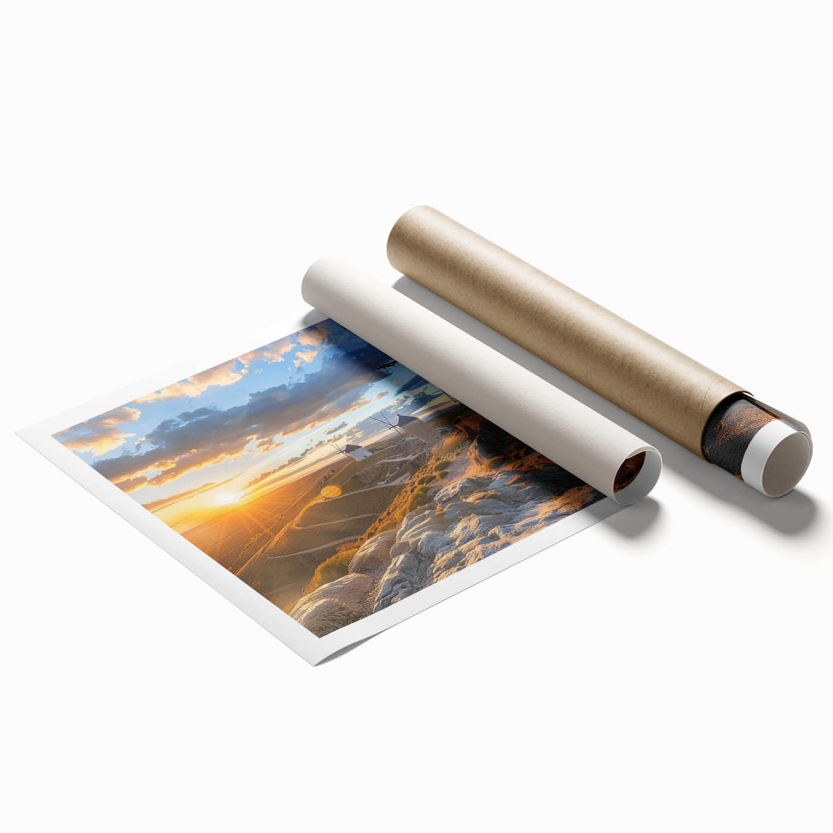 Landscape wall art print featuring vibrant windmills against a colorful sunset backdrop, rolled and ready for display in a sturdy protective tube.