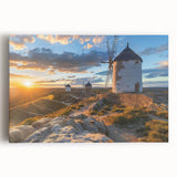 Stretched canvas wall art depicting a serene landscape with windmills against a vibrant sunset, showcasing rich colors and detailed textures, perfect for home decor.