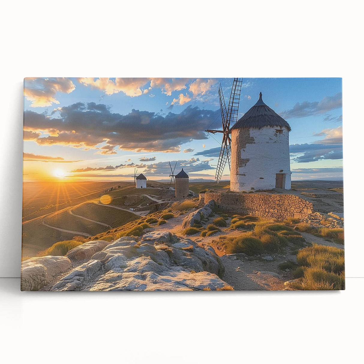 Stretched canvas wall art featuring a serene landscape with windmills, showcasing vibrant colors and intricate details, perfect for enhancing home decor.
