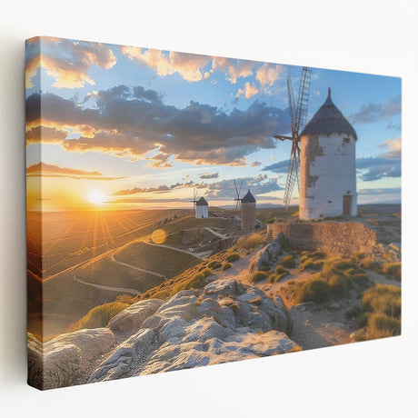 Stretched canvas artwork showcasing vibrant landscapes with windmills, featuring a side view that highlights the intricate details and colors, perfect for home decor.