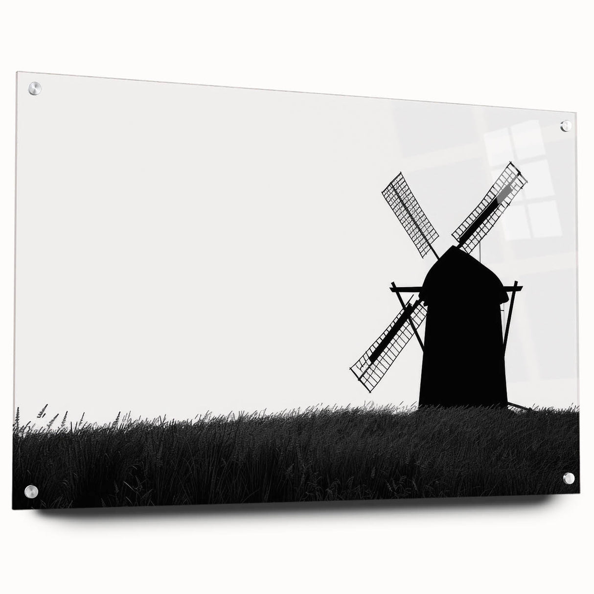 Acrylic glass wall art collection featuring a picturesque landscape with windmills, showcasing vibrant colors and intricate details, designed for modern decor.