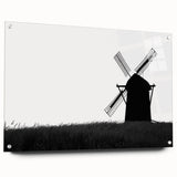 Acrylic glass wall art collection featuring a picturesque landscape with windmills, showcasing vibrant colors and intricate details, designed for modern decor.