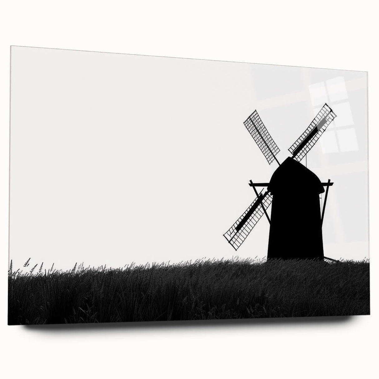 Side view of a sleek acrylic glass wall art piece showcasing a vibrant landscape with windmills, perfect for modern home decor. Ideal for adding color and style to any interior space.