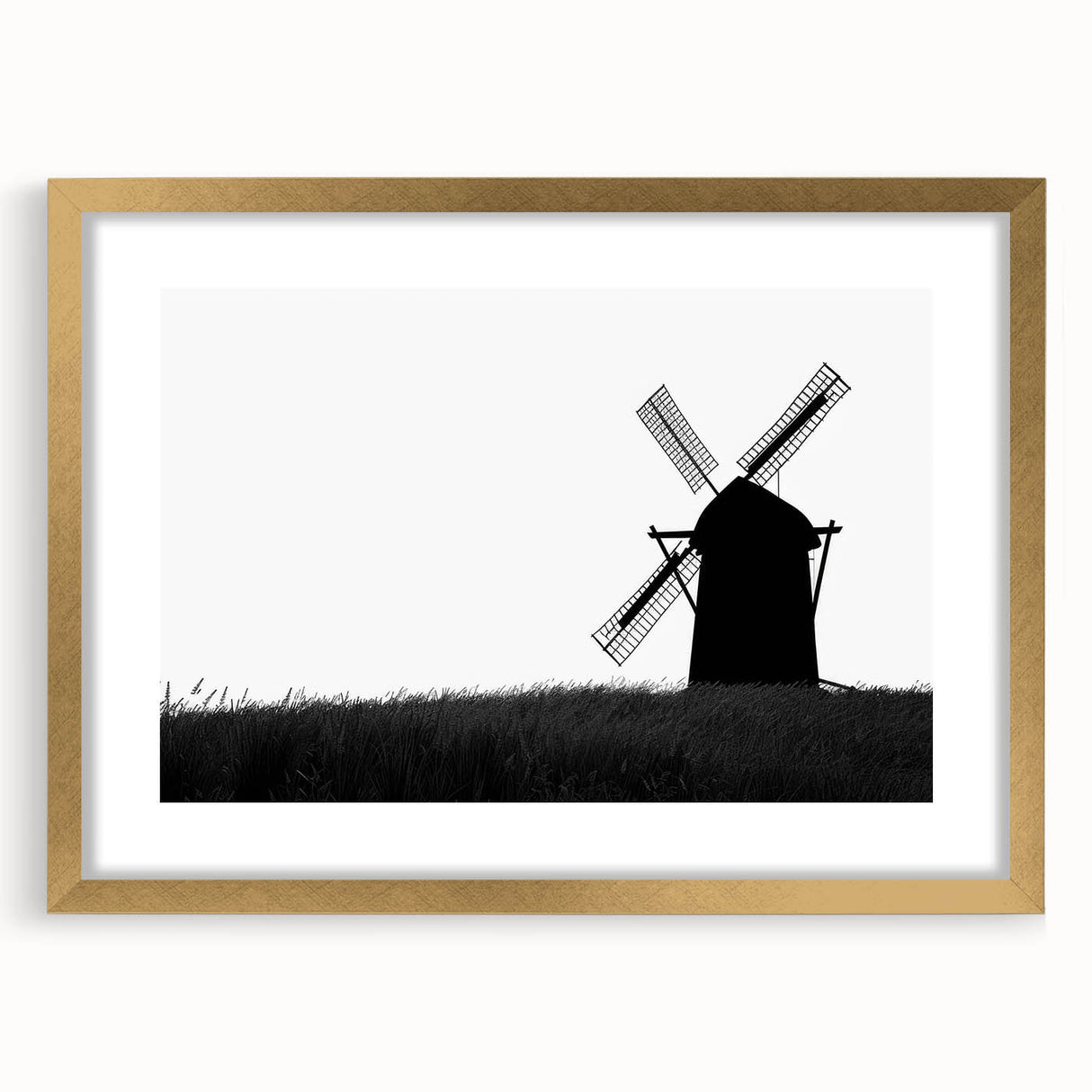 Golden-framed wall art featuring a serene landscape with windmills, showcasing intricate details and vibrant colors, perfect for home decor enhancement.
