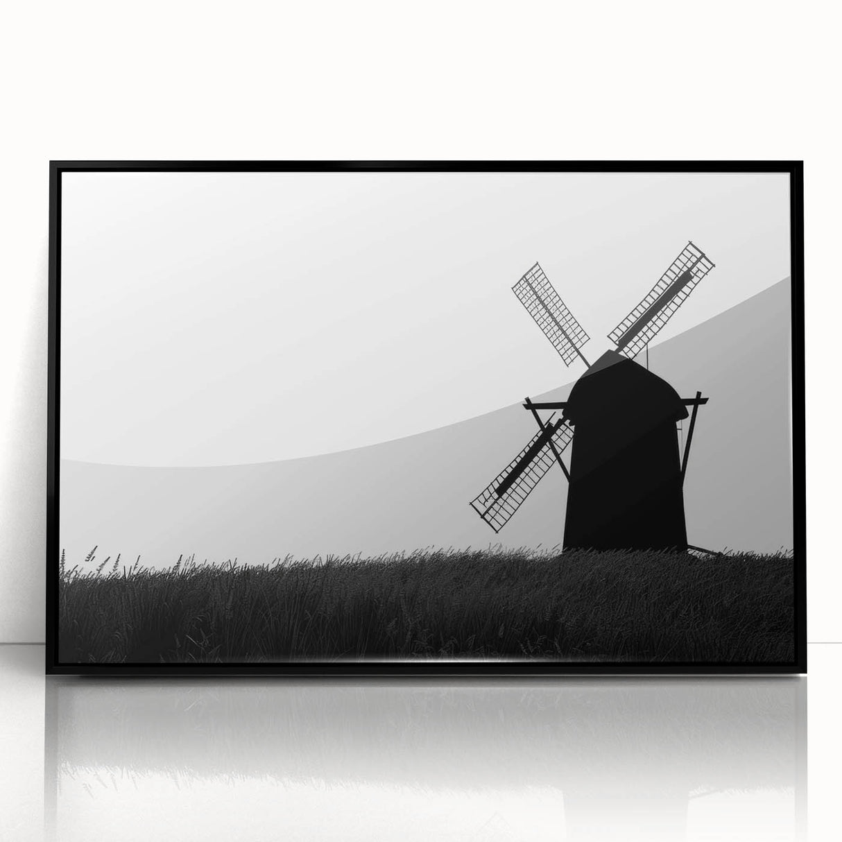 Framed acrylic wall art showcasing a stunning landscape with windmills, presented in a sleek black frame, ideal for modern home decor. Perfect for adding a touch of elegance to any room.