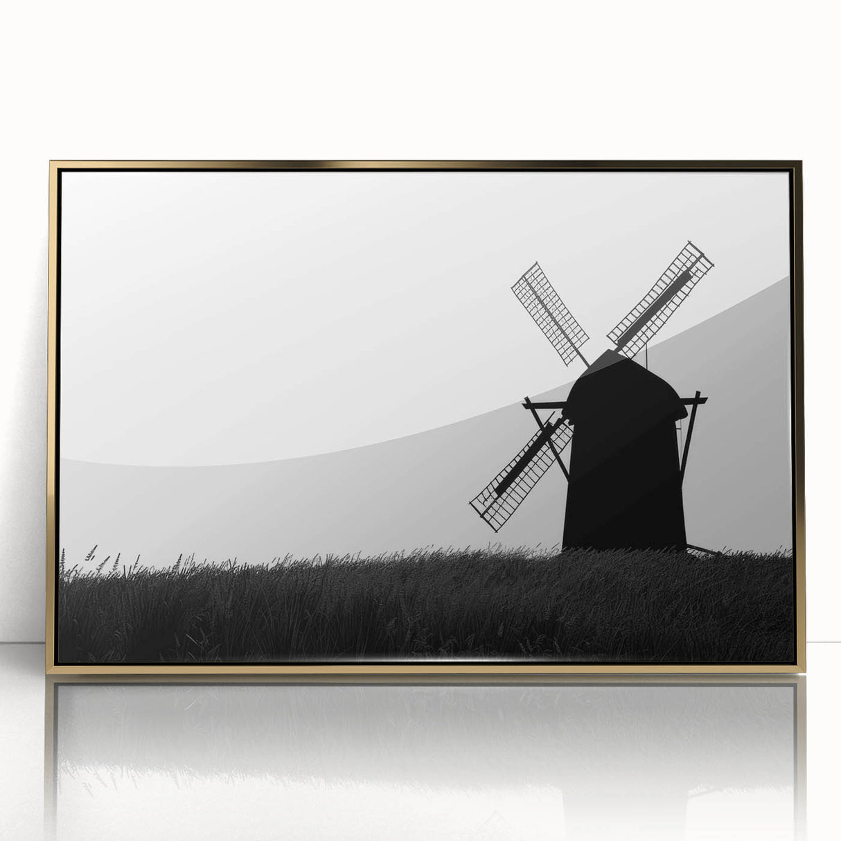 Framed acrylic wall art featuring a vibrant landscape with windmills, accented by a gold frame, ideal for modern home decor and artistic interiors.