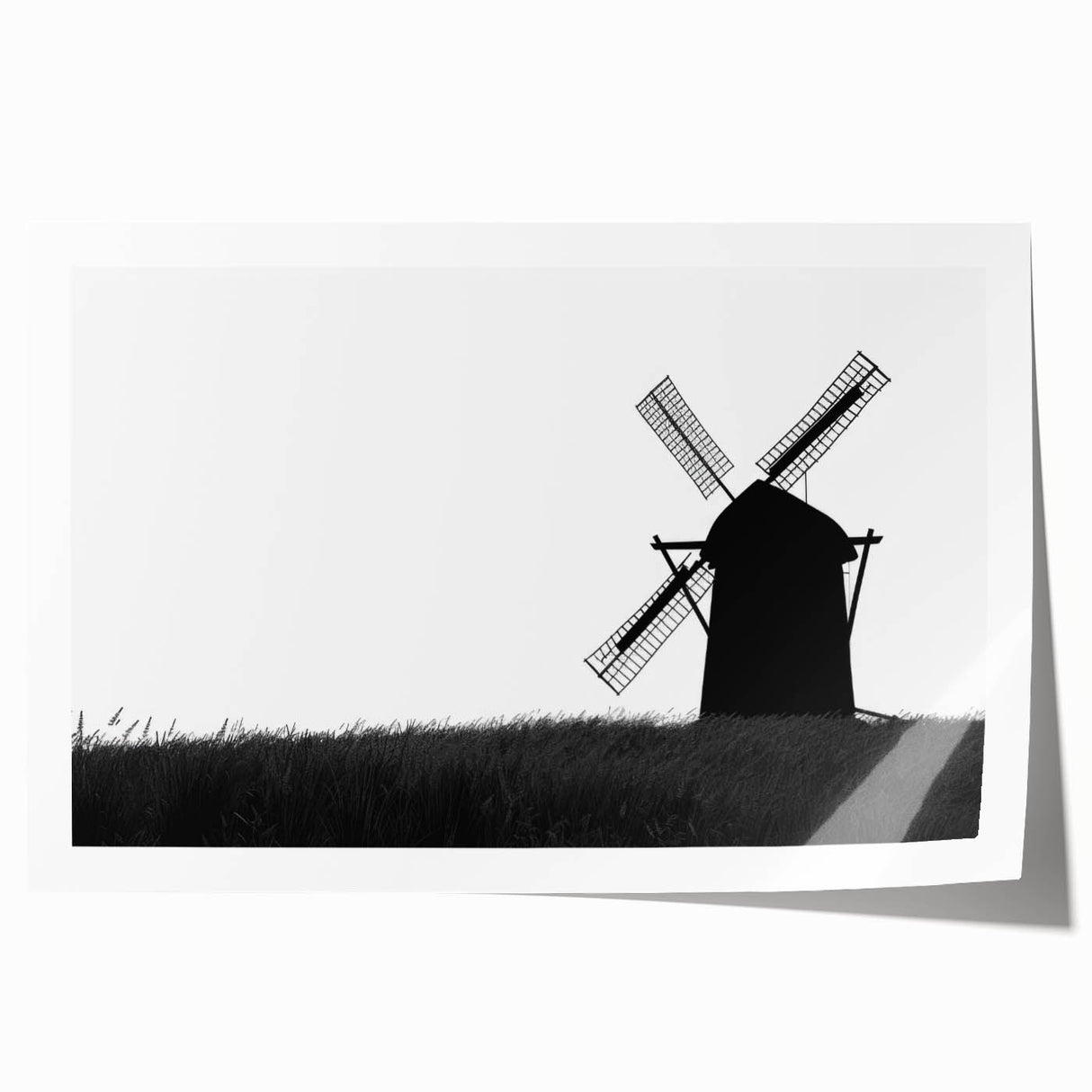 Landscape wall art print showcasing a serene windmill scene at sunset with vibrant colors, rolled for easy shipping and display, perfect for home decor.