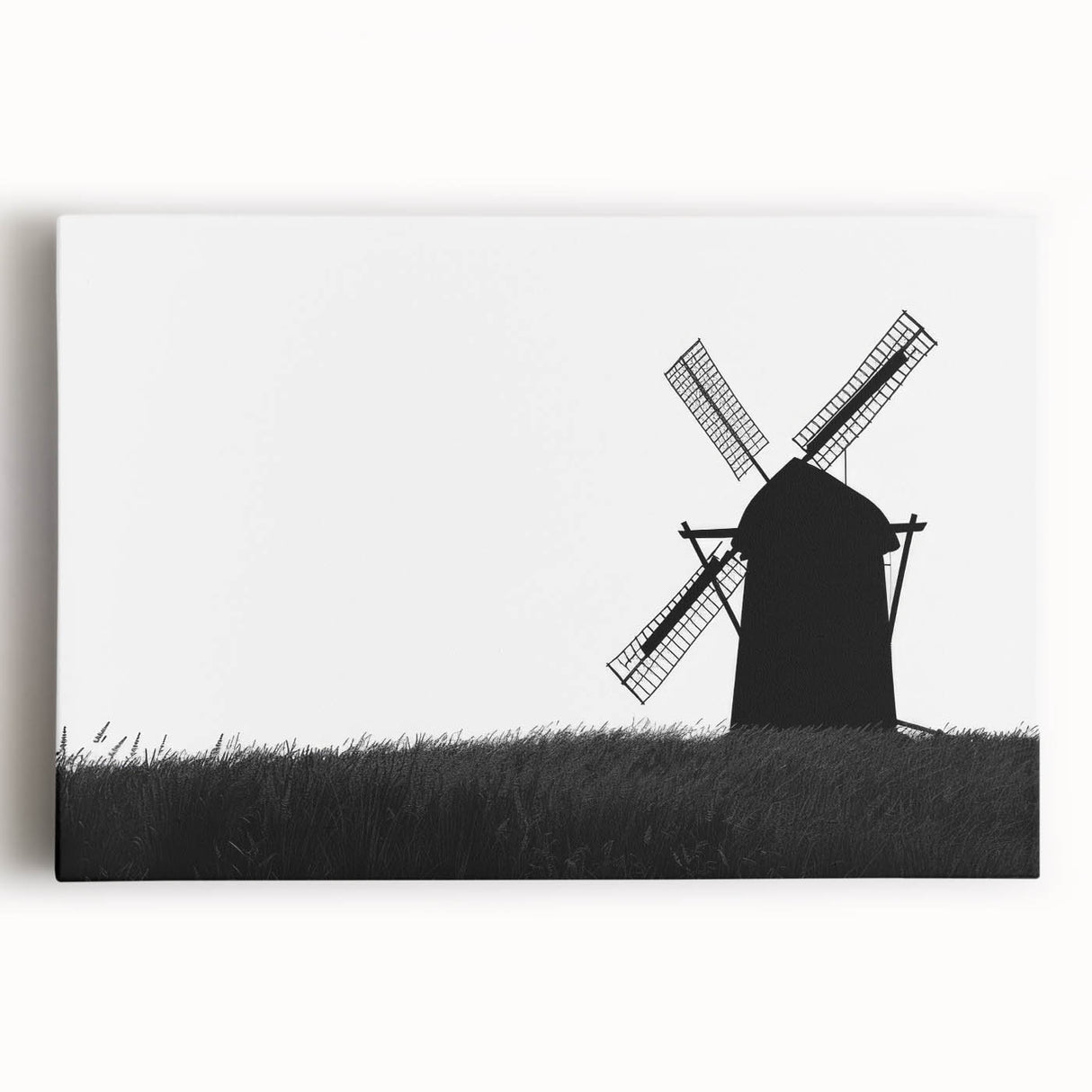 Stretched canvas wall art showcasing a vibrant landscape with windmills against a sunset backdrop, ideal for home decor or office ambiance, emphasizing serene rural beauty.