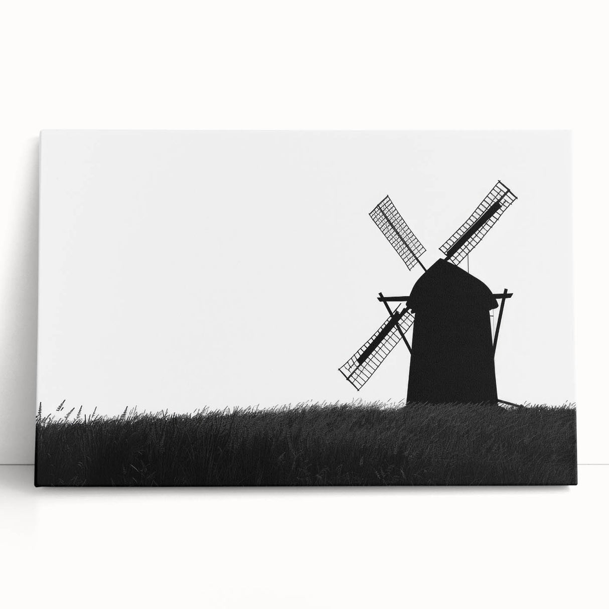 Stretched canvas art featuring a serene landscape with windmills, showcasing vibrant colors and intricate details, ideal for home decor enhancement.