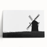 Stretched canvas art featuring a serene landscape with windmills, showcasing vibrant colors and intricate details, ideal for home decor enhancement.