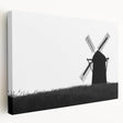 Stretched canvas wall art featuring a serene landscape with windmills, bathed in soft natural light, ideal for enhancing home decor with a tranquil vibe.