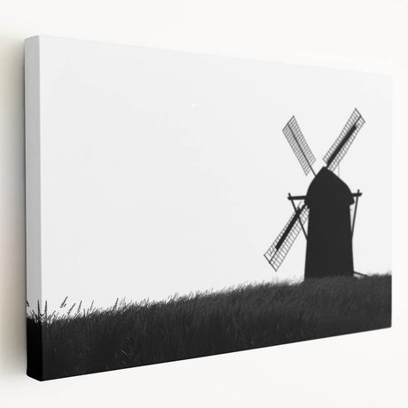 Stretched canvas wall art featuring a serene landscape with windmills, bathed in soft natural light, ideal for enhancing home decor with a tranquil vibe.