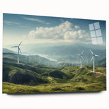 Acrylic glass wall art collection showcasing a vibrant landscape with windmills, presented in a sleek side view, emphasizing modern design and artistic flair.