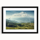 Framed wall art collection depicting serene landscapes and windmills, featuring a sleek black frame and mat, perfect for enhancing home decor aesthetics.