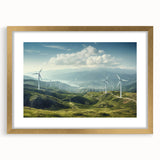 Framed wall art collection showcasing a serene landscape with windmills, featuring a gold mat and stylish frame, ideal for enhancing home decor.