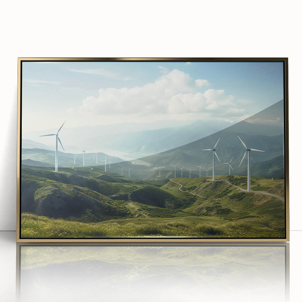 Framed wall art collection showcasing a vibrant landscape with windmills, set against a golden backdrop, perfect for enhancing modern home decor.