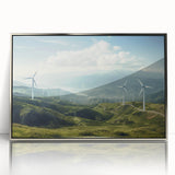 Framed acrylic wall art featuring a serene landscape with windmills, elegantly designed in silver, perfect for modern home decor. Ideal for enhancing interior aesthetics.