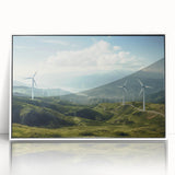 Framed acrylic wall art featuring a serene landscape with windmills, set against a vibrant sunset backdrop, ideal for adding a calming touch to any space.