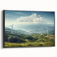 Framed canvas wall art showcasing a serene landscape with windmills against a sunset backdrop. The black frame adds elegance, perfect for home decor.