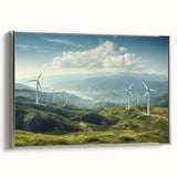 Framed canvas wall art showcasing a serene landscape with windmills, designed in a minimalist style with silver accents, perfect for modern home decor.