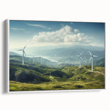 Framed canvas wall art showcasing a serene landscape with windmills, designed in soft pastel colors, ideal for enhancing home decor and creating a calming atmosphere.