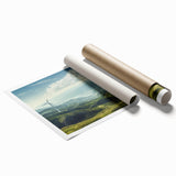 Rolled print showcasing a serene landscape with windmills against a vibrant sunset, perfect for home decor, available in a protective cardboard tube for delivery.