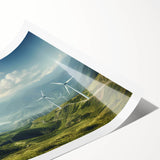 Rolled print of serene landscape featuring windmills against a vibrant sunset, ideal for home decor. High-quality art piece enhances any living space with its tranquil beauty.