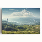 Stretched canvas artwork depicting serene landscapes with windmills, featuring soft pastel colors and a tranquil atmosphere, perfect for home decor.
