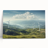 Stretched canvas wall art featuring a serene landscape with windmills against a vibrant sunset. The artwork showcases warm hues, ideal for home decor, adding a tranquil ambiance to any space.