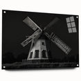 Acrylic glass wall art collection showcasing a vibrant landscape with windmills, featuring a side view display and decorative pins for mounting.