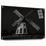 Acrylic glass wall art collection showcasing a vibrant landscape with windmills, featuring a side view display and decorative pins for mounting.
