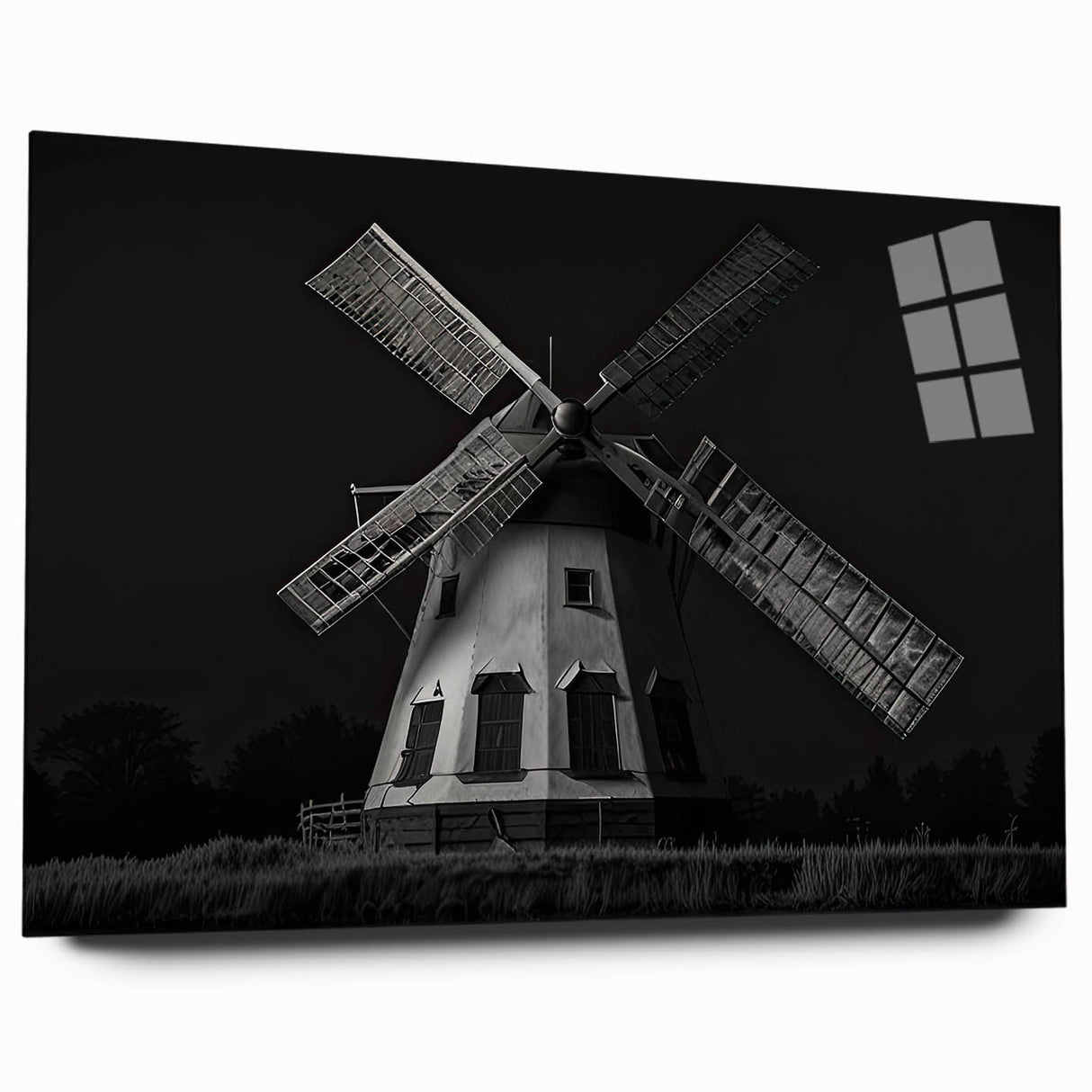 Side view of a modern acrylic glass wall art piece showcasing a vibrant landscape design with windmills, ideal for home decor and artistic displays.