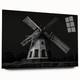 Side view of a modern acrylic glass wall art piece showcasing a vibrant landscape design with windmills, ideal for home decor and artistic displays.