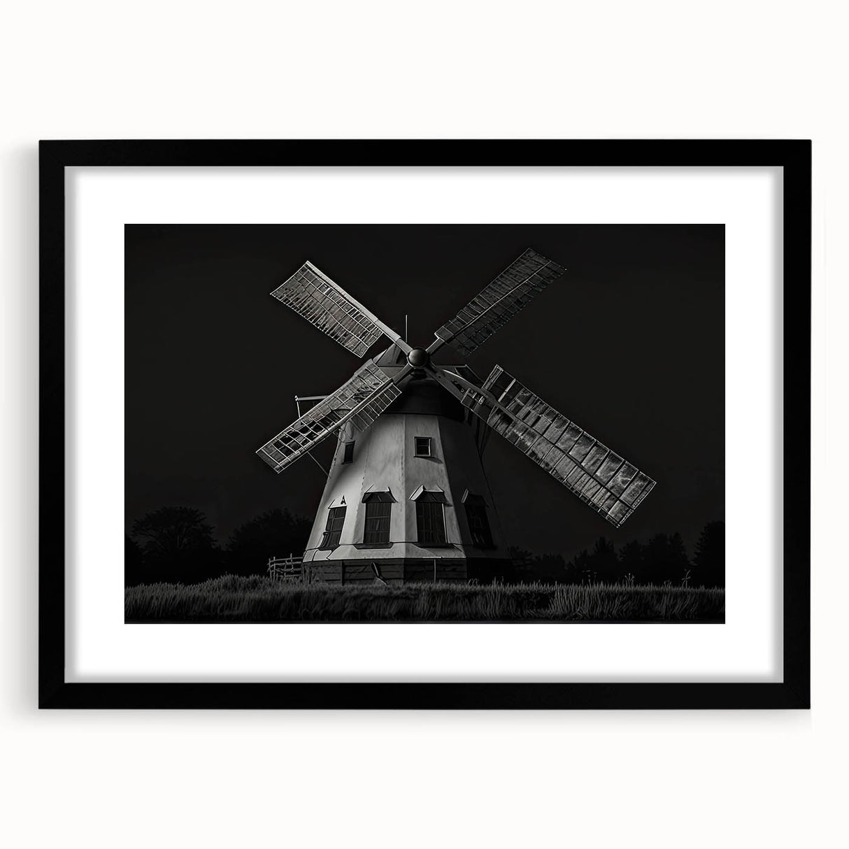 Framed wall art collection showcasing picturesque landscapes with windmills, featuring a sleek black frame and mat, ideal for enhancing modern home decor.