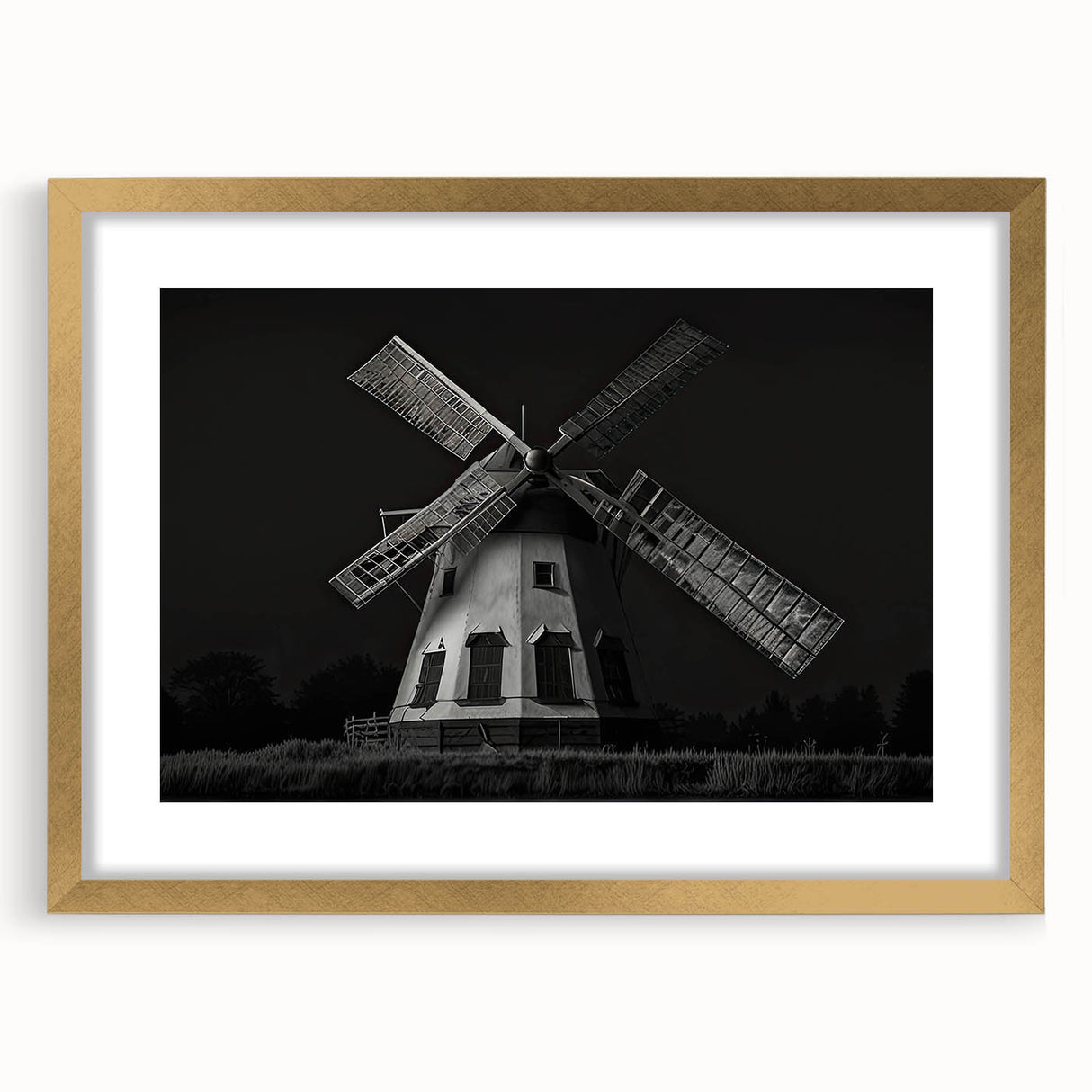 Framed wall art collection featuring a picturesque landscape with windmills, showcasing a gold mat and frame, perfect for home decor aesthetics.
