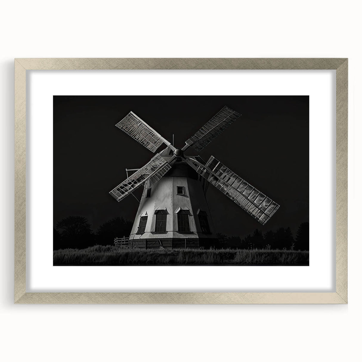 Framed wall art collection featuring a serene landscape with windmills, presented in a silver frame with a mat, ideal for home decor enthusiasts.