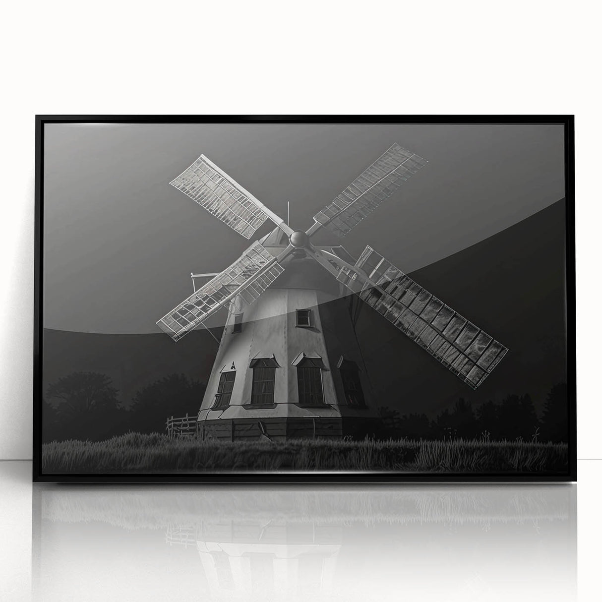 Framed acrylic wall art showcasing a beautiful landscape with windmills, featuring a sleek black frame and modern design, perfect for home decor.