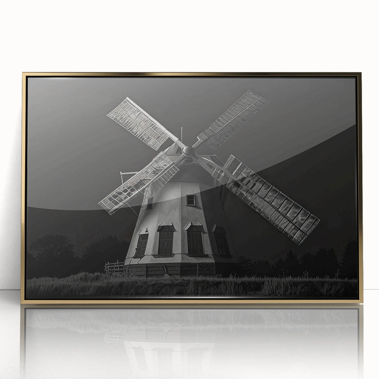 Framed acrylic wall art showcasing a vibrant landscape with windmills, featuring a gold frame and modern design, perfect for enhancing home decor.