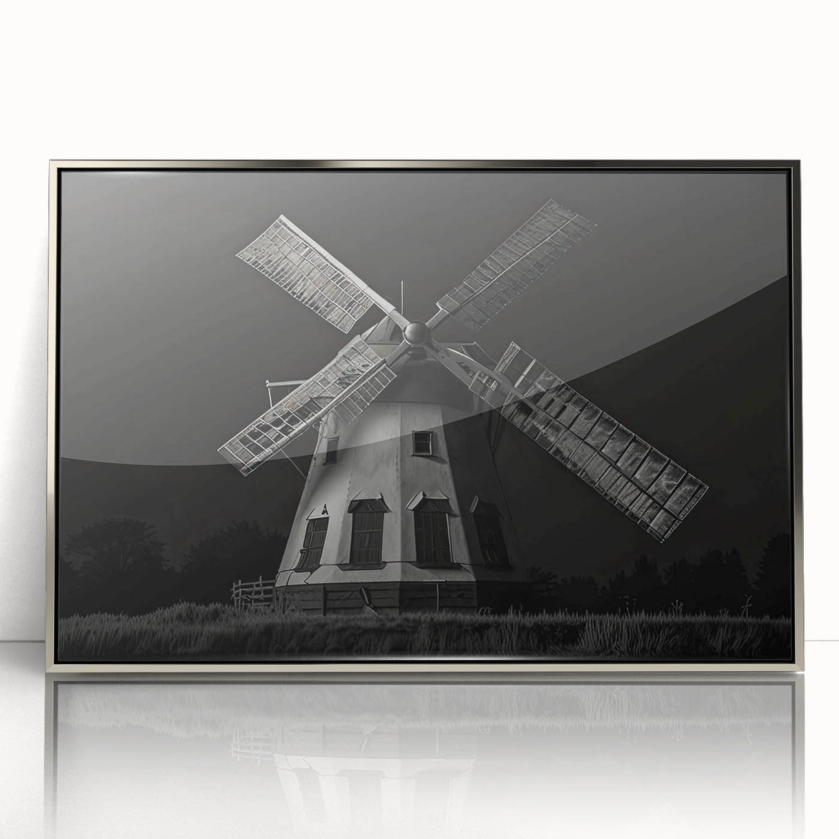 Framed wall art showcasing a serene landscape with windmills against a vibrant sunset, featuring a sleek silver frame that enhances its modern aesthetic.