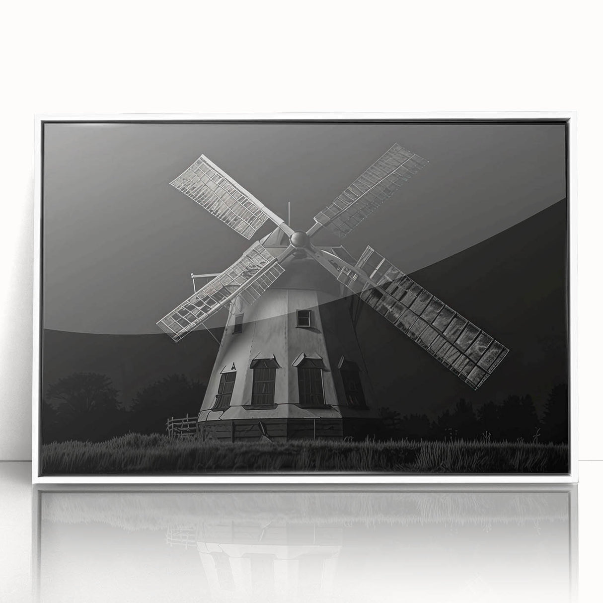 Framed wall art collection featuring vibrant windmill landscapes in various colors, showcasing a scenic countryside view with a white frame for modern decor.