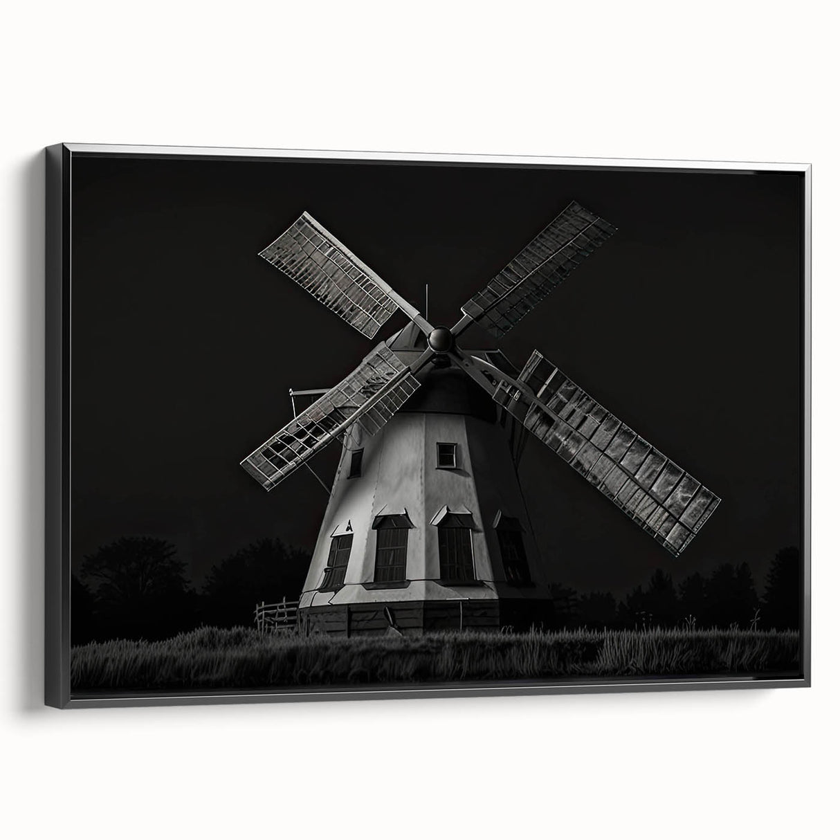 Framed canvas wall art showcasing a vibrant windmill landscape design, featuring a black frame and side view, perfect for home decor enthusiasts.